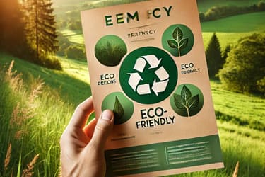 Immagine realizzata con AI di volantino in carta riciclata con lo sfondo di un ambiente naturale protetto